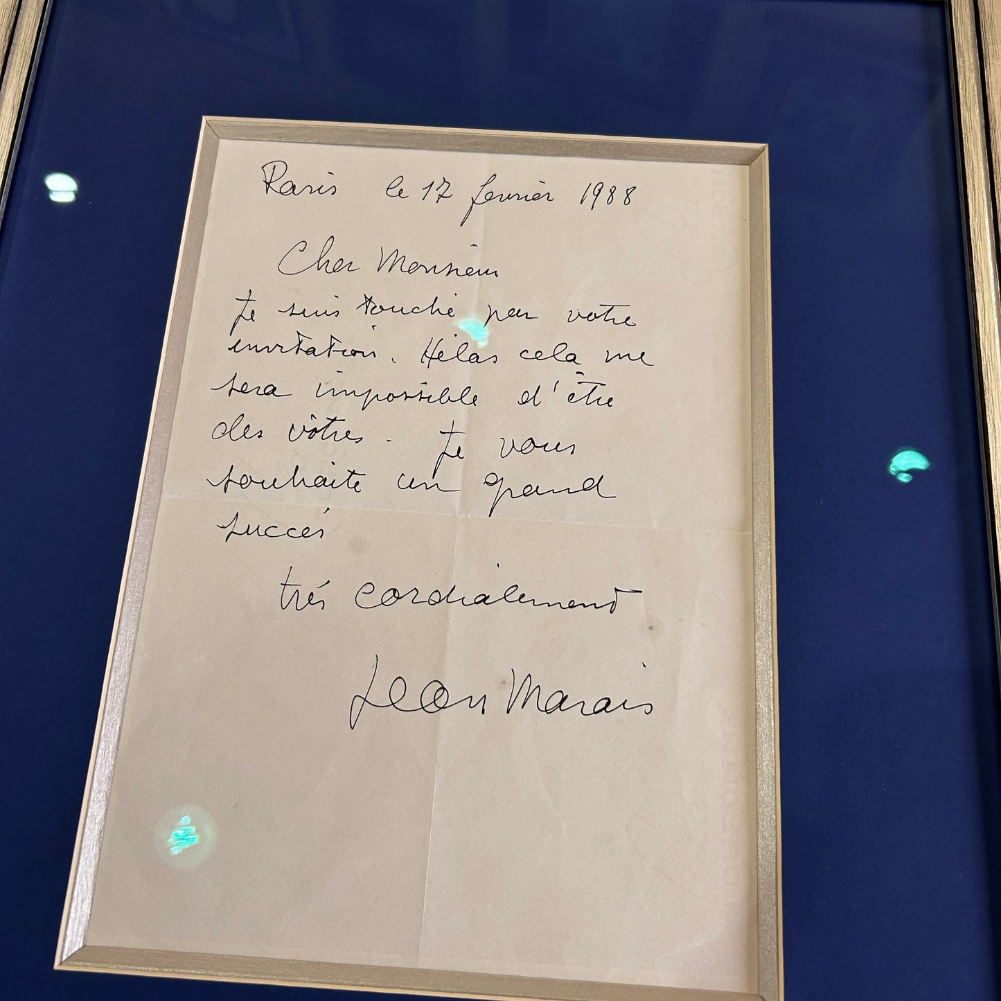 Jean Marais - Lettre manuscrite et signée - 1988