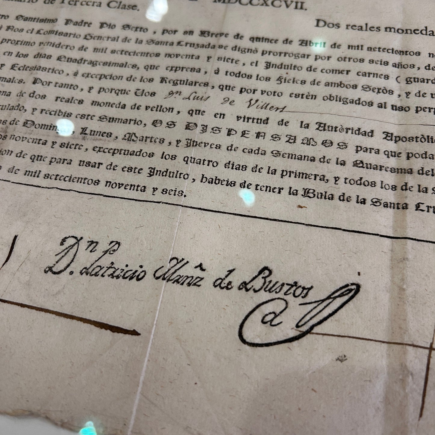Imprimé d’indulgence espagnol de 1797 délivré par le Général de la croisade Patricio Martinez de Bustos