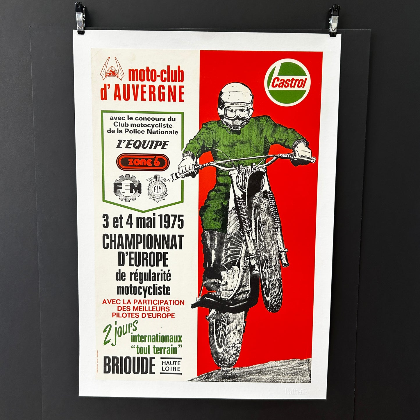 AFFICHE ORIGINALE CHAMPIONNAT MOTOCYCLISTE - MOTO CLUB AUVERGNE - 1975