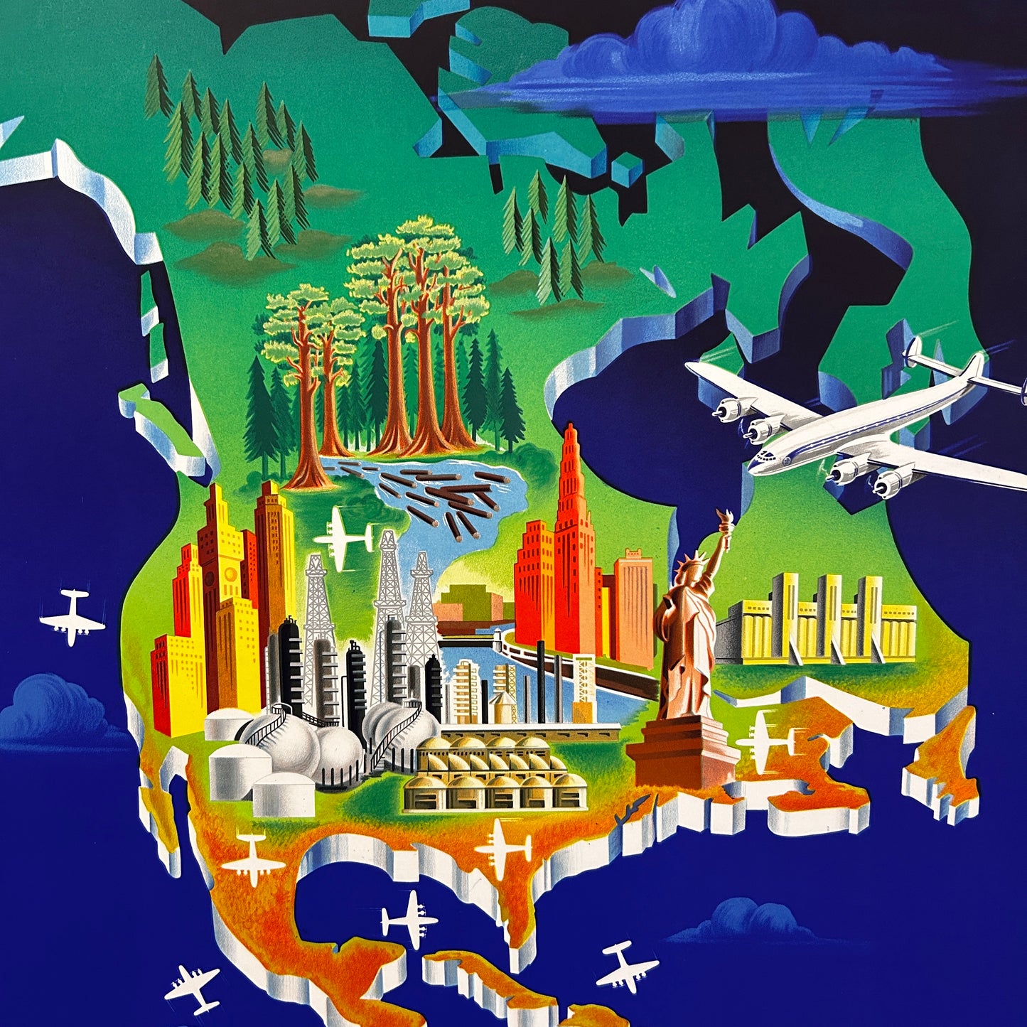 AIR FRANCE- Amérique du Nord - Affiche Originale - 1951