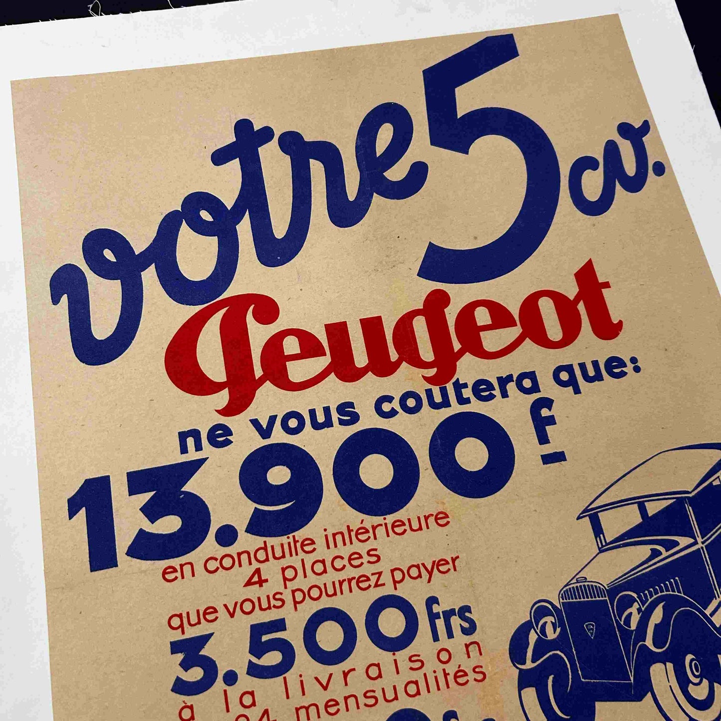 AFFICHE ORIGINALE PUBLICITAIRE PEUGEOT - Années 30