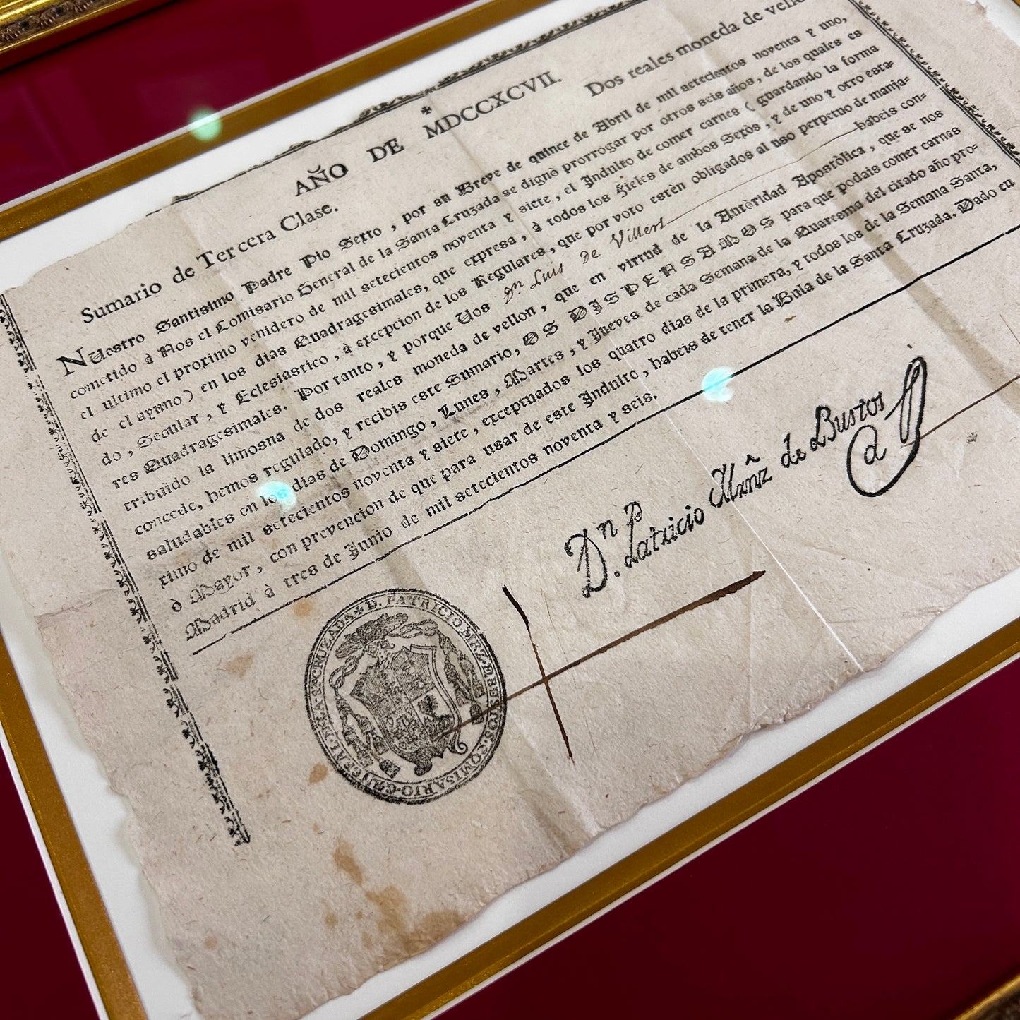 Imprimé d’indulgence espagnol de 1797 délivré par le Général de la croisade Patricio Martinez de Bustos