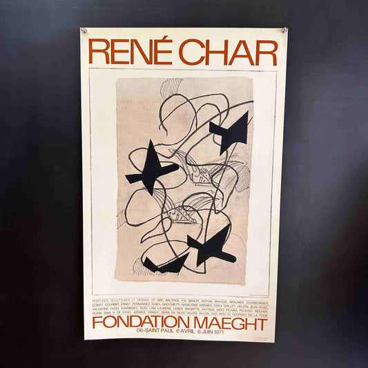 AFFICHE ORIGINALE EXPOSITION RENE CHAR D'APRES GEORGES BRAQUE FONDATION MAEGHT 1971