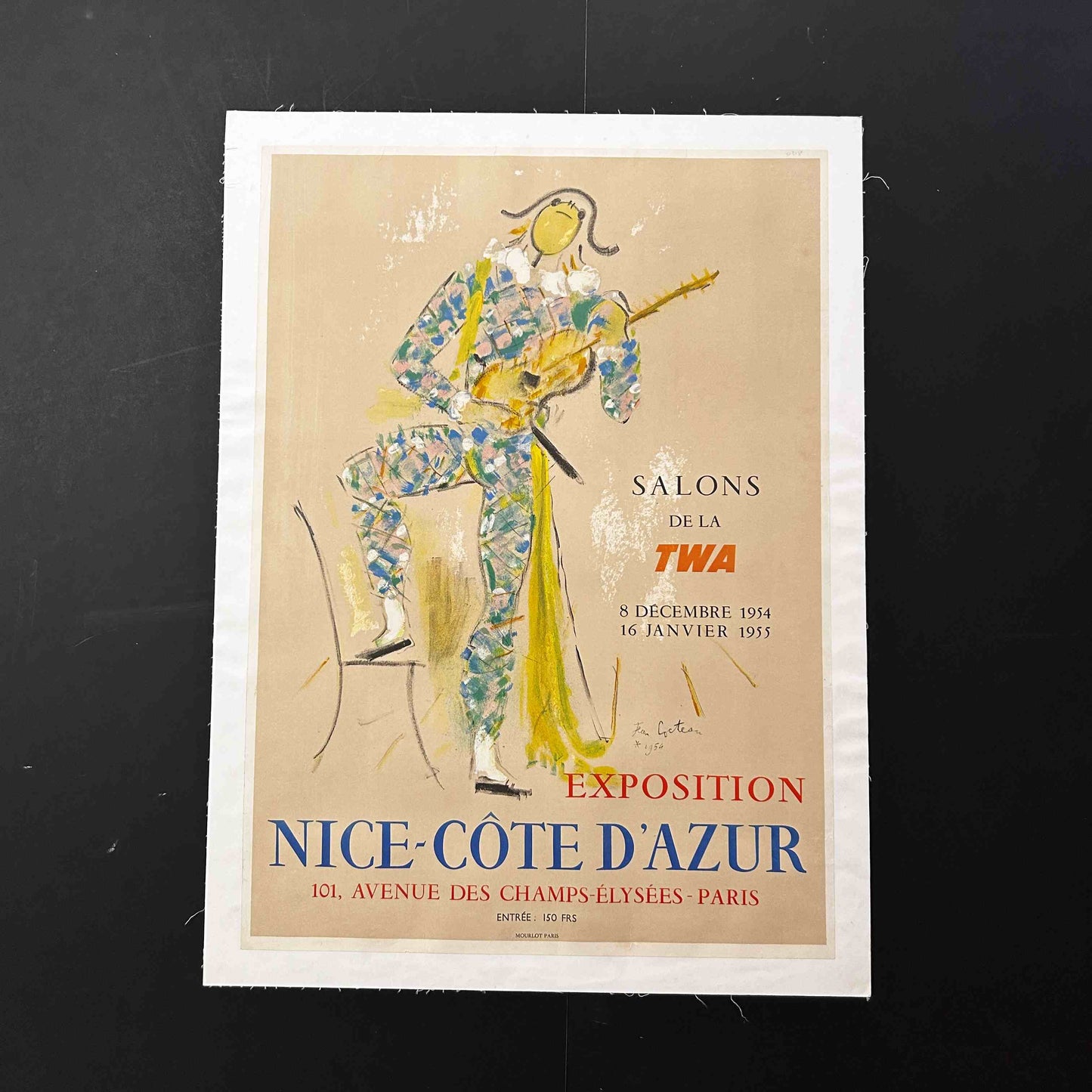 AFFICHE ORIGINALE - EXPOSITION NICE COTE D'AZUR par JEAN COCTEAU - SALON TWA PARIS - 1954