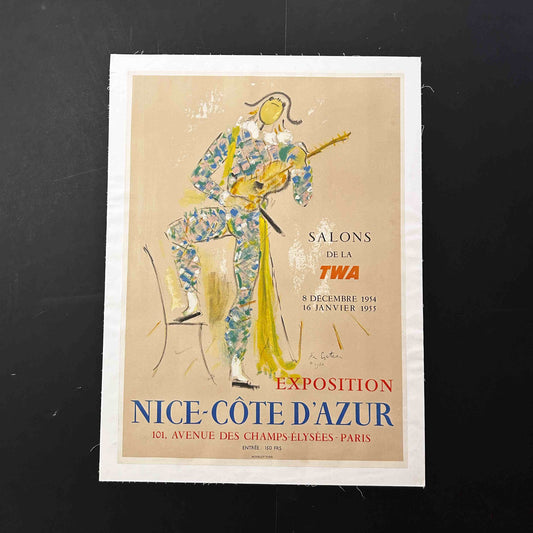 AFFICHE ORIGINALE - EXPOSITION NICE COTE D'AZUR par JEAN COCTEAU - SALON TWA PARIS - 1954