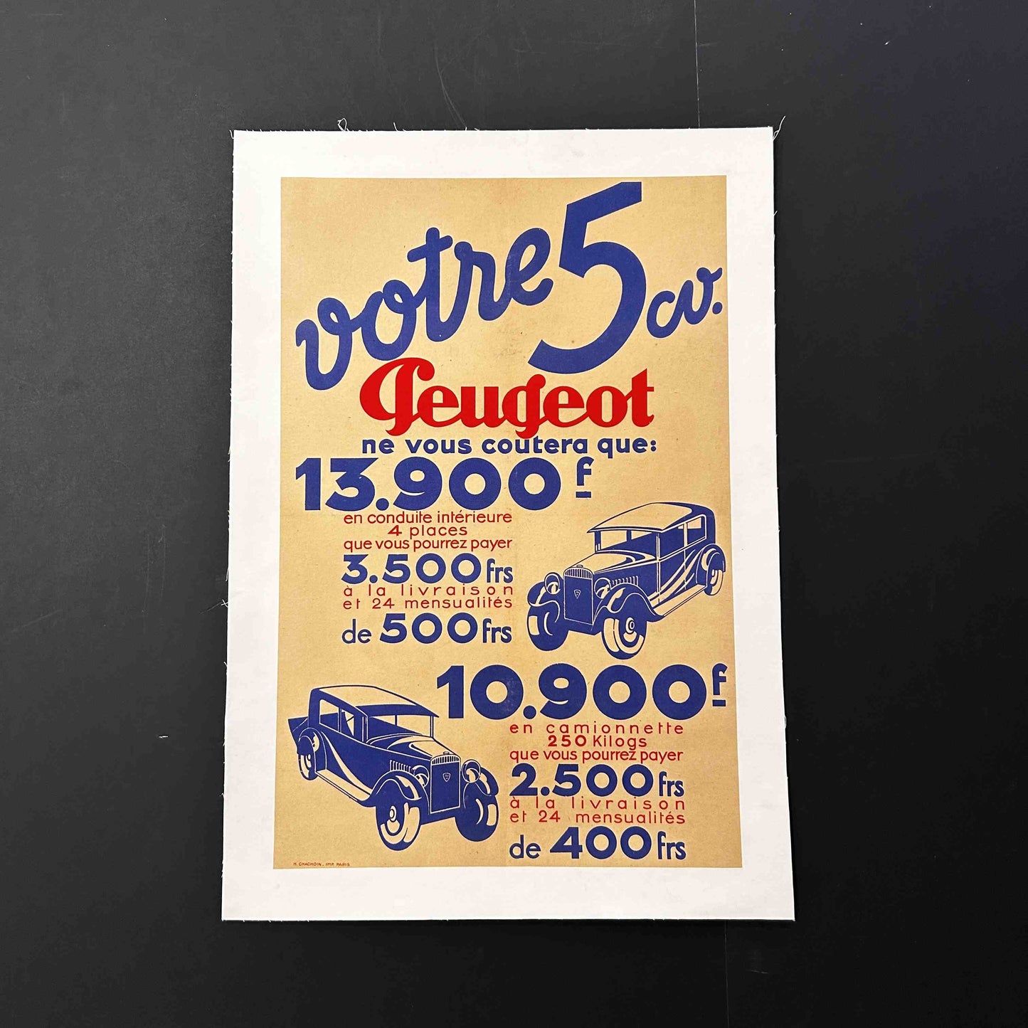 AFFICHE ORIGINALE PUBLICITAIRE PEUGEOT - Années 30
