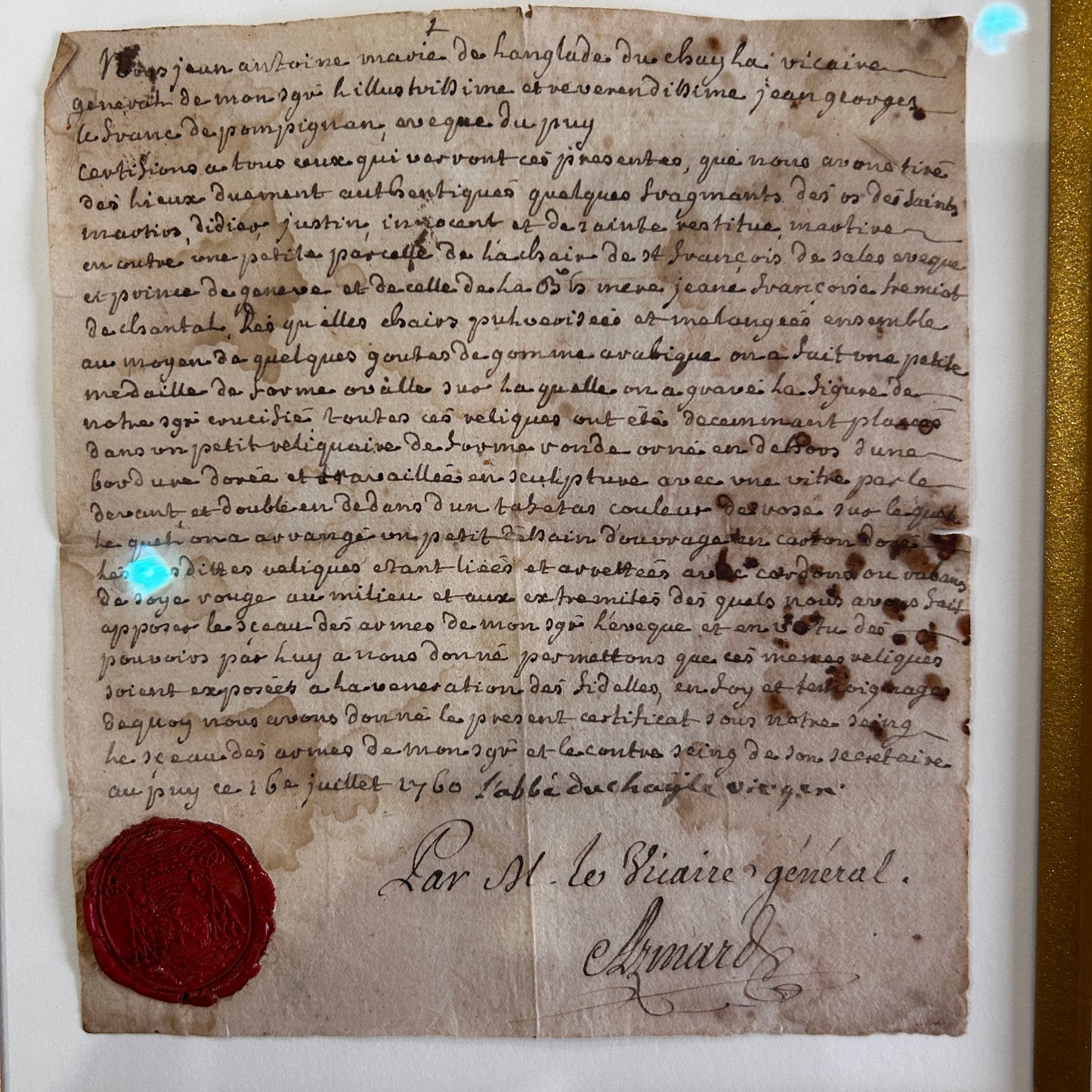 Certificat manuscrit de reliques - 16 juillet 1760