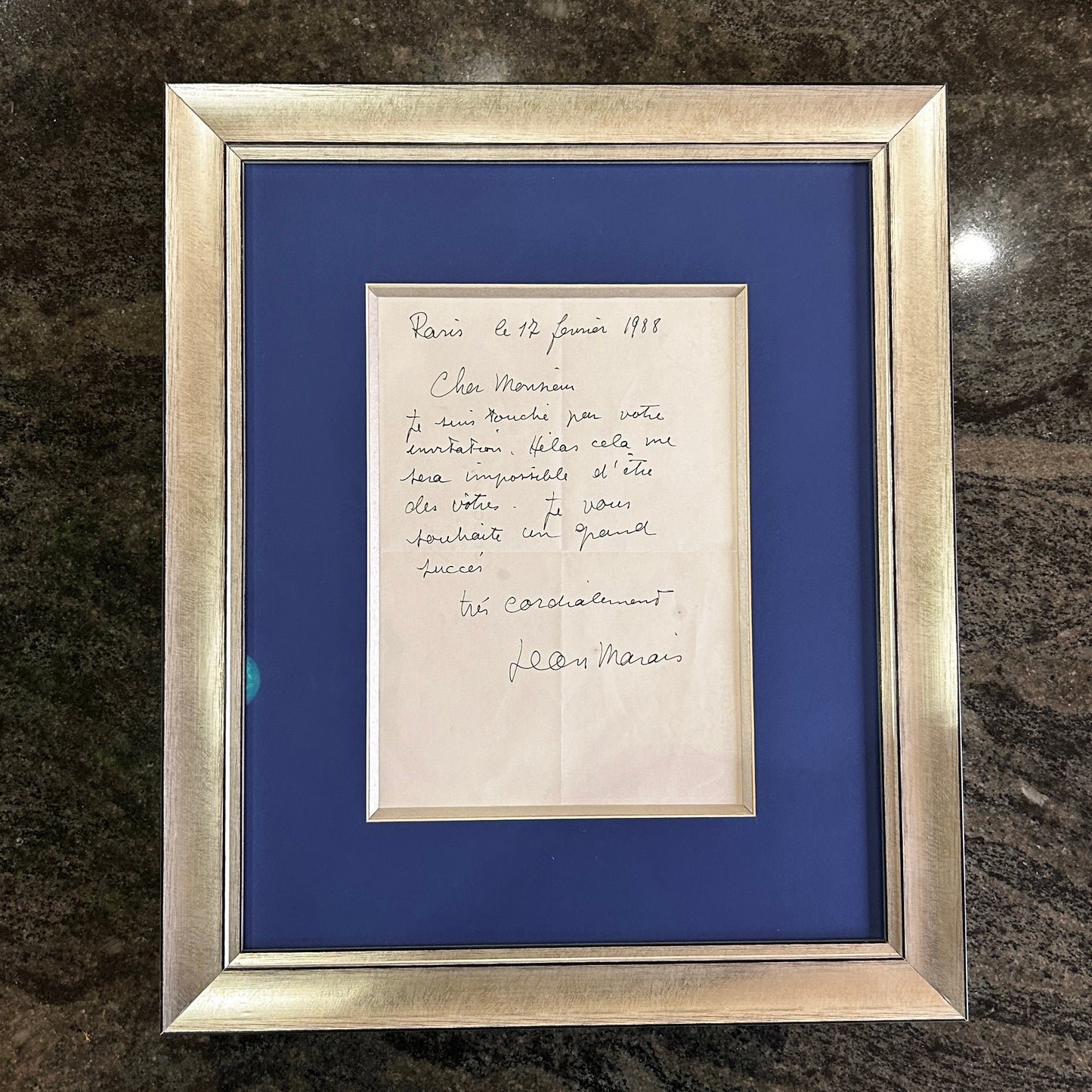 Jean Marais - Lettre manuscrite et signée - 1988