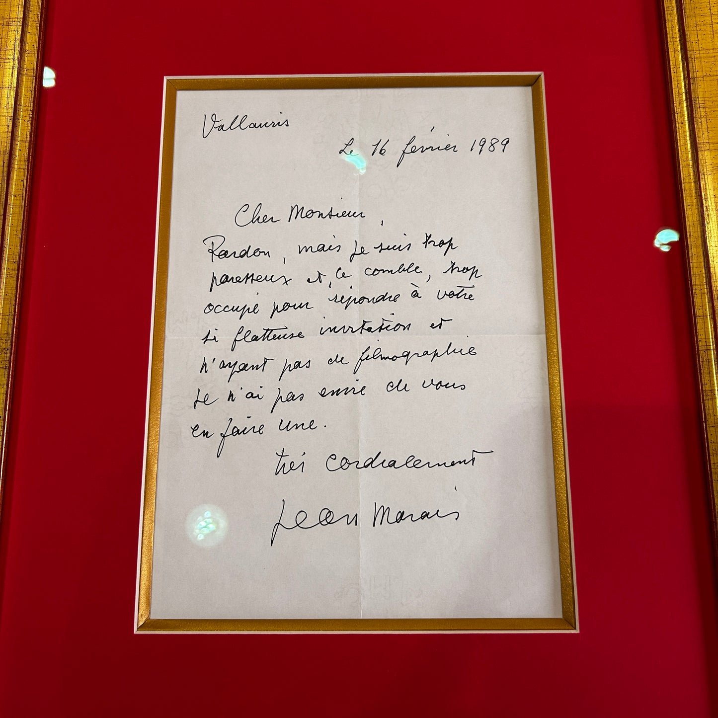 Jean Marais - Lettre manuscrite et signée - 1989