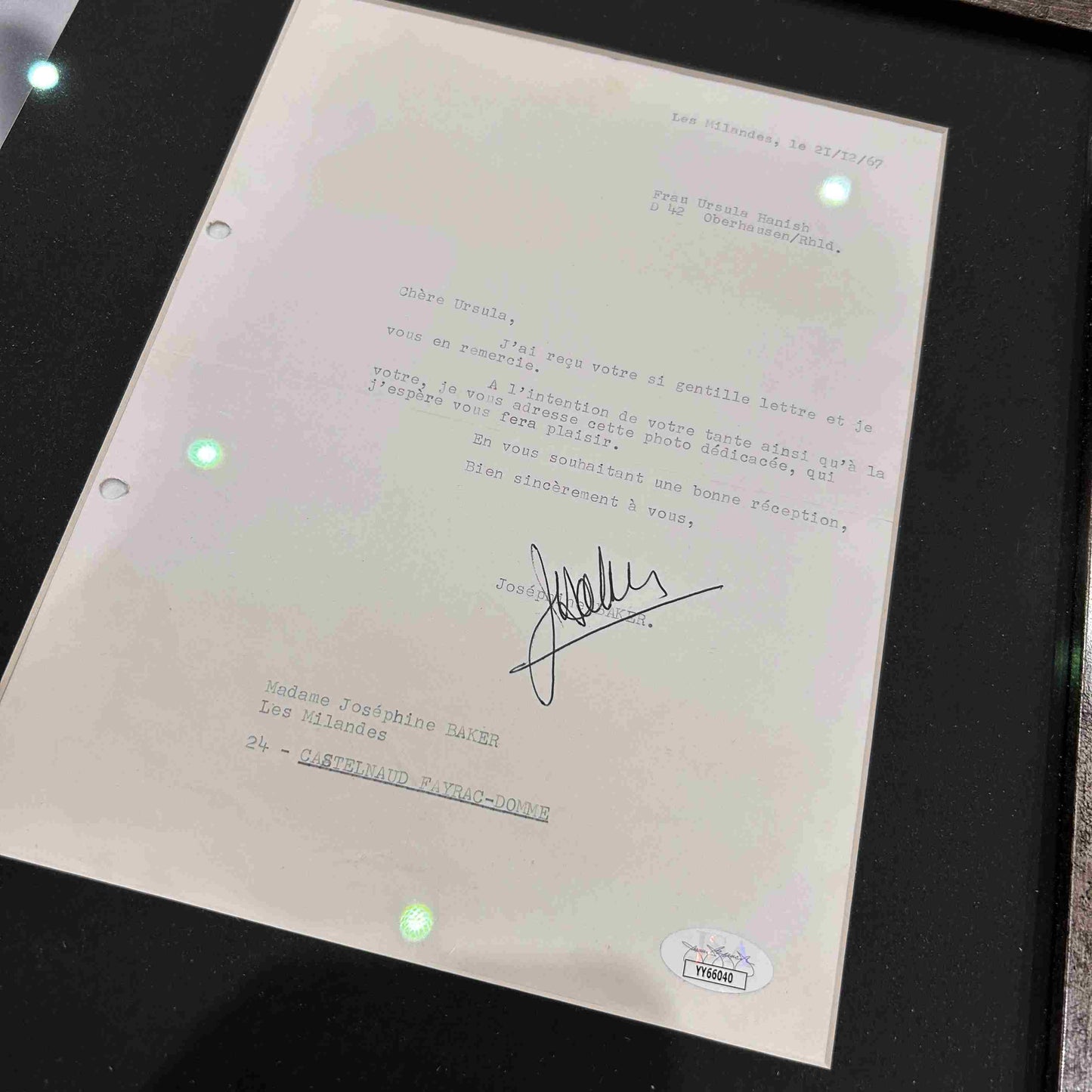 JOSEPHINE BAKER / Lettre signée - Certifcation